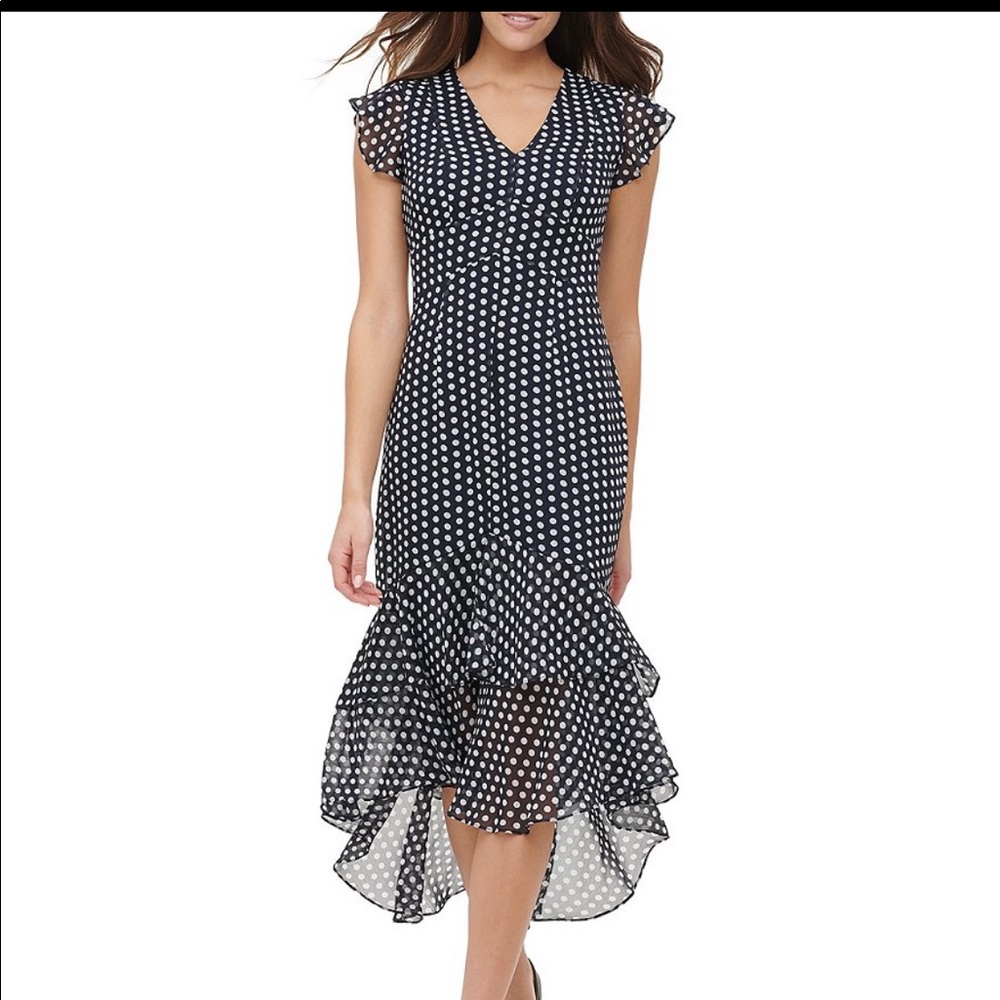 Tommy Hilfiger navy v-neck dotted midi dress